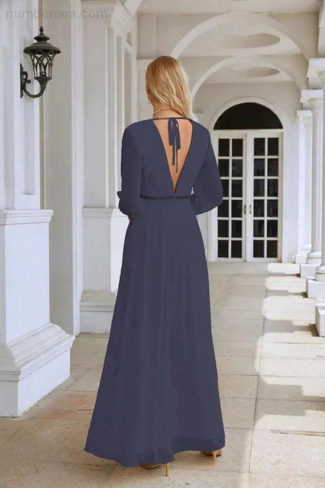 Ladies V Neck Chiffon Long Sleeve Front Slit Bridesmaid Evening Dress Wedding Party Shopping Evening Dress 28109 - Image 126