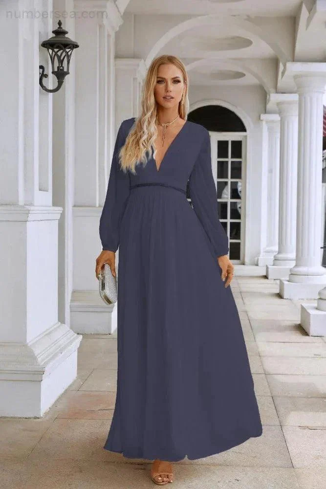 Ladies V Neck Chiffon Long Sleeve Front Slit Bridesmaid Evening Dress Wedding Party Shopping Evening Dress 28109 - Image 127