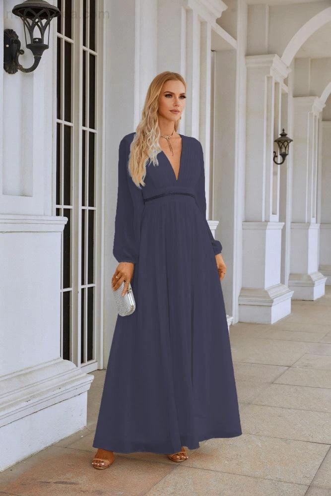 Ladies V Neck Chiffon Long Sleeve Front Slit Bridesmaid Evening Dress Wedding Party Shopping Evening Dress 28109 - Image 128