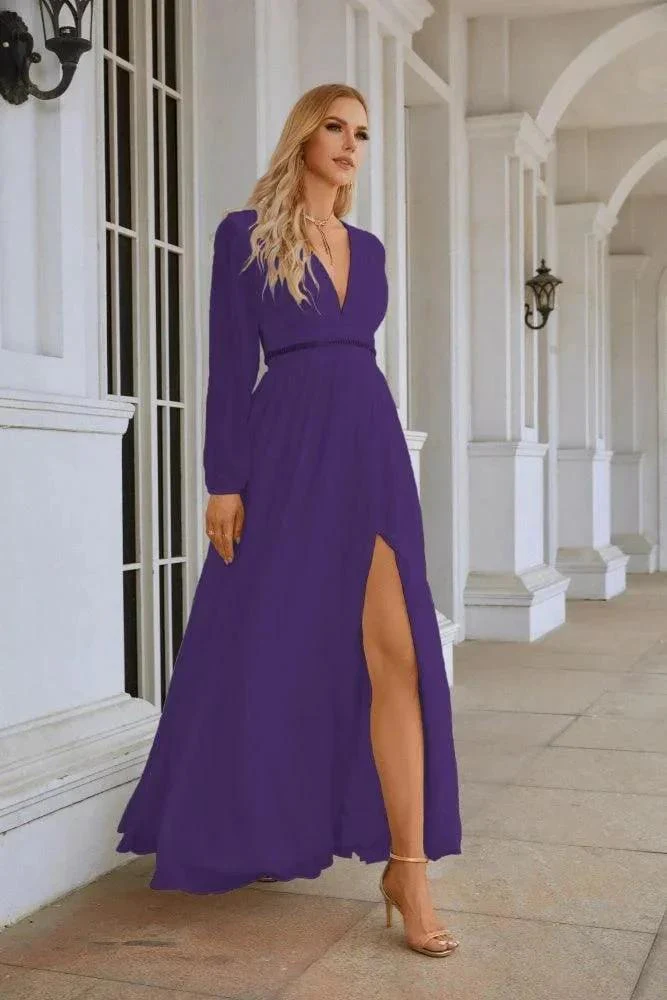 Ladies V Neck Chiffon Long Sleeve Front Slit Bridesmaid Evening Dress Wedding Party Shopping Evening Dress 28109 - Image 129