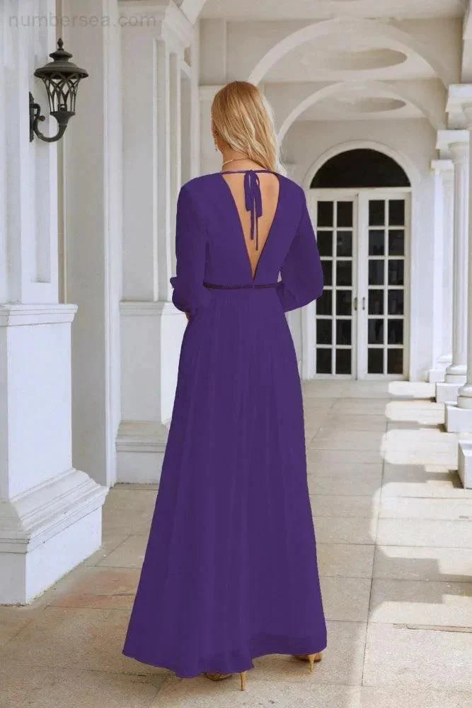 Ladies V Neck Chiffon Long Sleeve Front Slit Bridesmaid Evening Dress Wedding Party Shopping Evening Dress 28109 - Image 130