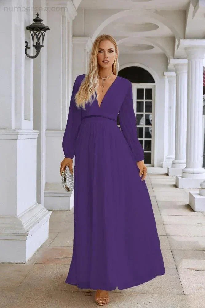 Ladies V Neck Chiffon Long Sleeve Front Slit Bridesmaid Evening Dress Wedding Party Shopping Evening Dress 28109 - Image 131