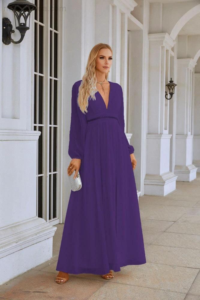 Ladies V Neck Chiffon Long Sleeve Front Slit Bridesmaid Evening Dress Wedding Party Shopping Evening Dress 28109 - Image 132