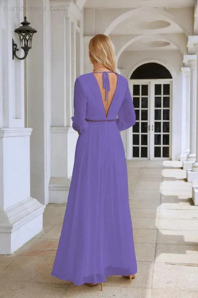 Ladies V Neck Chiffon Long Sleeve Front Slit Bridesmaid Evening Dress Wedding Party Shopping Evening Dress 28109 - Image 134