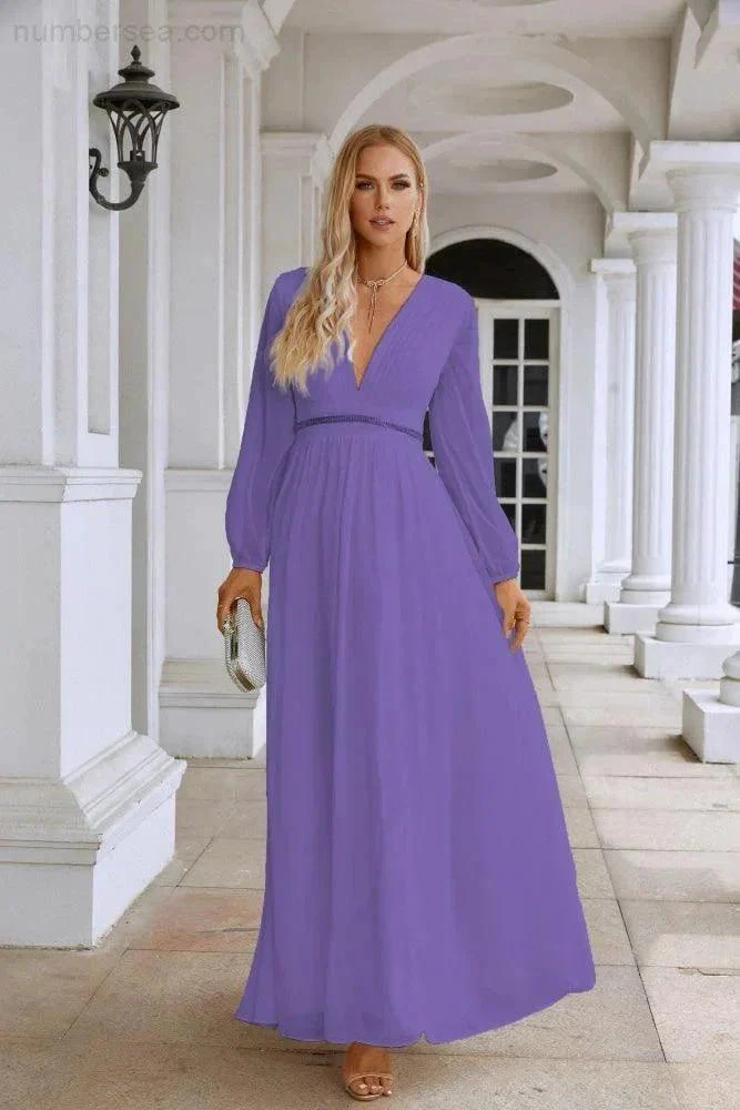 Ladies V Neck Chiffon Long Sleeve Front Slit Bridesmaid Evening Dress Wedding Party Shopping Evening Dress 28109 - Image 135