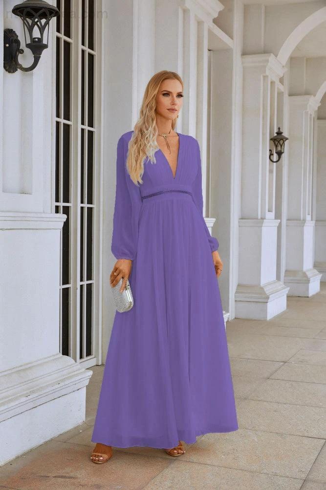 Ladies V Neck Chiffon Long Sleeve Front Slit Bridesmaid Evening Dress Wedding Party Shopping Evening Dress 28109 - Image 136