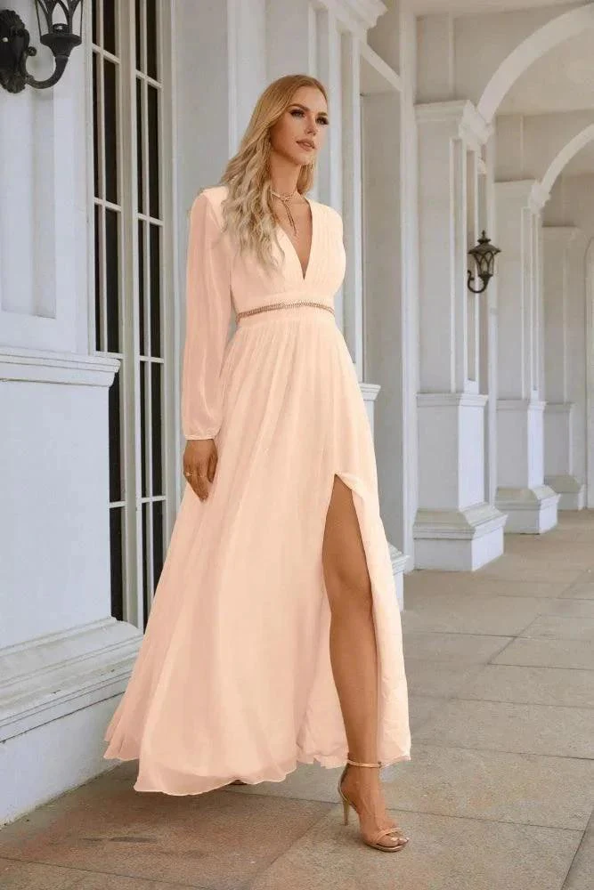 Ladies V Neck Chiffon Long Sleeve Front Slit Bridesmaid Evening Dress Wedding Party Shopping Evening Dress 28109 - Image 137
