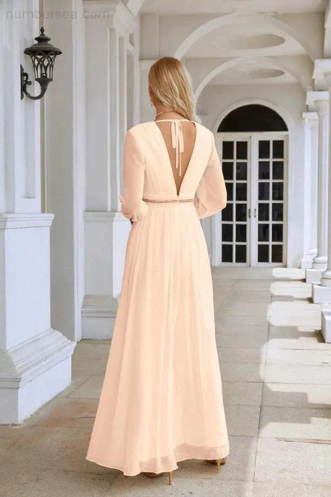Ladies V Neck Chiffon Long Sleeve Front Slit Bridesmaid Evening Dress Wedding Party Shopping Evening Dress 28109 - Image 138