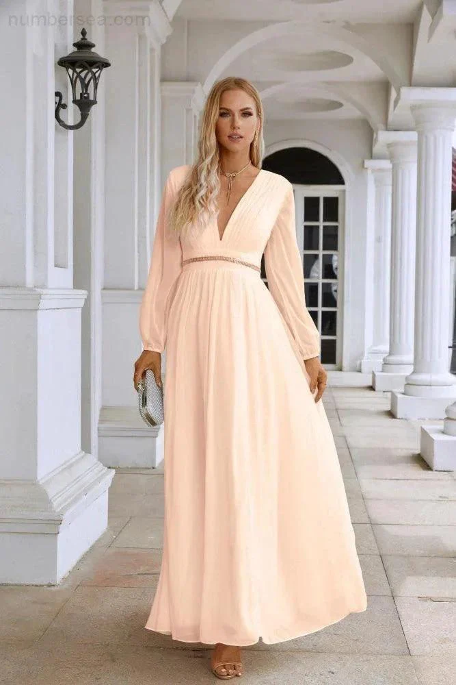 Ladies V Neck Chiffon Long Sleeve Front Slit Bridesmaid Evening Dress Wedding Party Shopping Evening Dress 28109 - Image 139