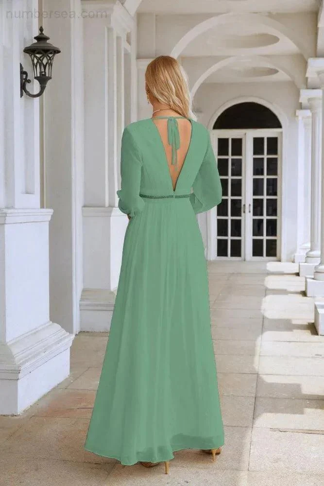 Ladies V Neck Chiffon Long Sleeve Front Slit Bridesmaid Evening Dress Wedding Party Shopping Evening Dress 28109 - Image 14