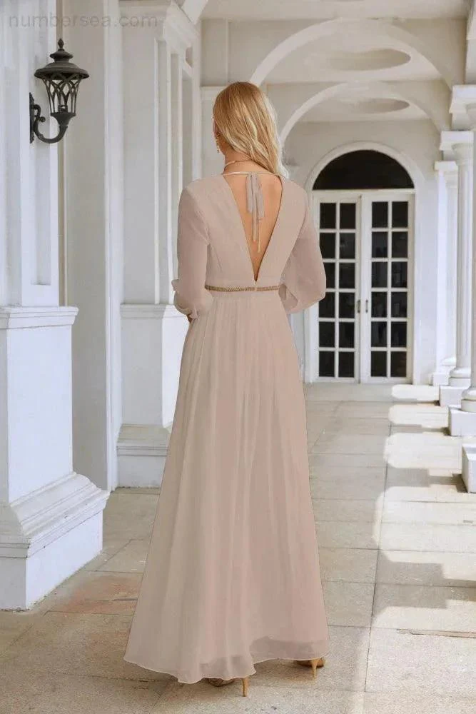 Ladies V Neck Chiffon Long Sleeve Front Slit Bridesmaid Evening Dress Wedding Party Shopping Evening Dress 28109 - Image 142