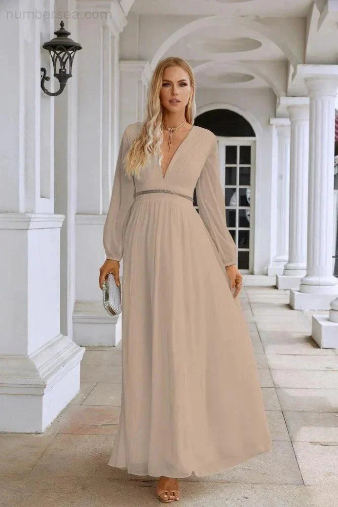 Ladies V Neck Chiffon Long Sleeve Front Slit Bridesmaid Evening Dress Wedding Party Shopping Evening Dress 28109 - Image 143