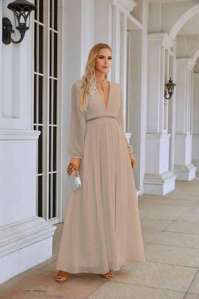 Ladies V Neck Chiffon Long Sleeve Front Slit Bridesmaid Evening Dress Wedding Party Shopping Evening Dress 28109 - Image 144