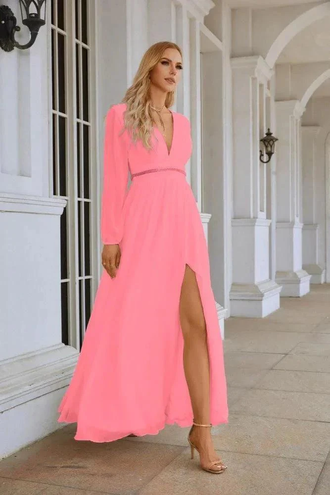 Ladies V Neck Chiffon Long Sleeve Front Slit Bridesmaid Evening Dress Wedding Party Shopping Evening Dress 28109 - Image 145