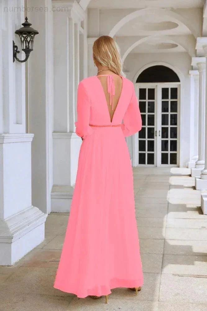 Ladies V Neck Chiffon Long Sleeve Front Slit Bridesmaid Evening Dress Wedding Party Shopping Evening Dress 28109 - Image 146