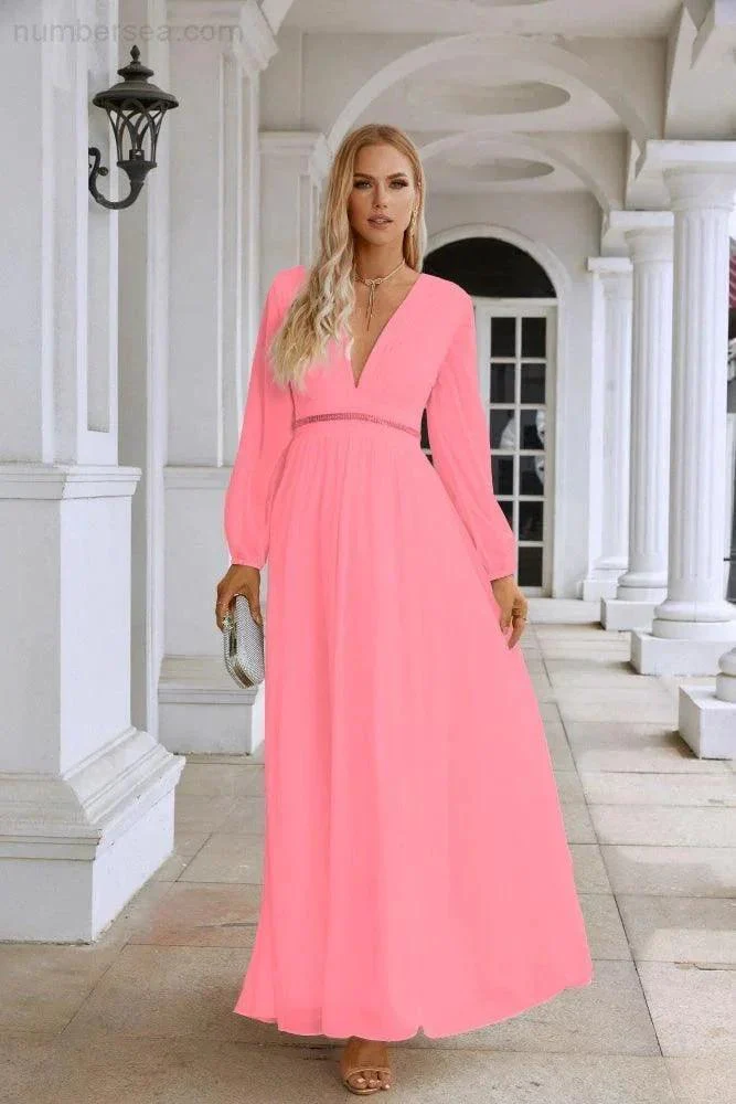 Ladies V Neck Chiffon Long Sleeve Front Slit Bridesmaid Evening Dress Wedding Party Shopping Evening Dress 28109 - Image 147