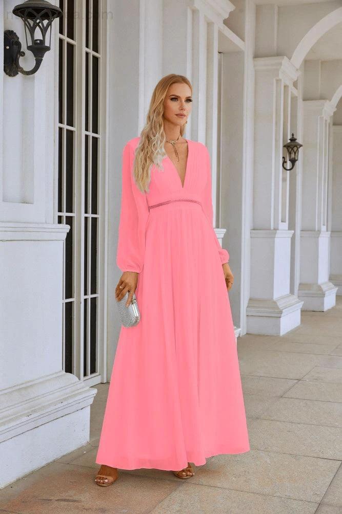 Ladies V Neck Chiffon Long Sleeve Front Slit Bridesmaid Evening Dress Wedding Party Shopping Evening Dress 28109 - Image 148