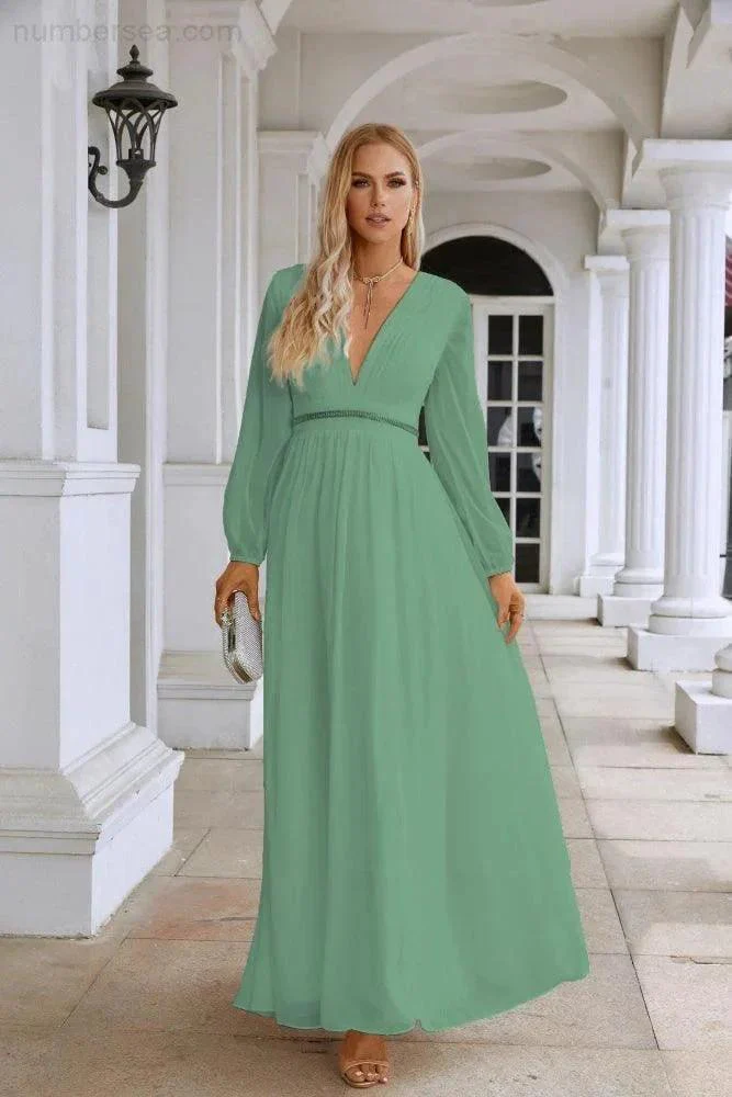 Ladies V Neck Chiffon Long Sleeve Front Slit Bridesmaid Evening Dress Wedding Party Shopping Evening Dress 28109 - Image 15