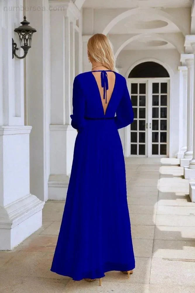 Ladies V Neck Chiffon Long Sleeve Front Slit Bridesmaid Evening Dress Wedding Party Shopping Evening Dress 28109 - Image 150