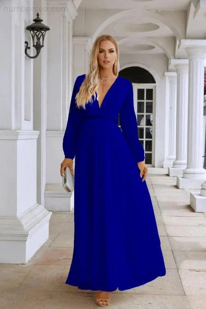 Ladies V Neck Chiffon Long Sleeve Front Slit Bridesmaid Evening Dress Wedding Party Shopping Evening Dress 28109 - Image 151
