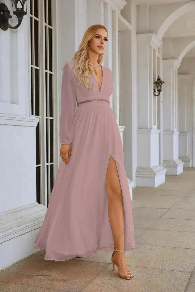 Ladies V Neck Chiffon Long Sleeve Front Slit Bridesmaid Evening Dress Wedding Party Shopping Evening Dress 28109 - Image 153