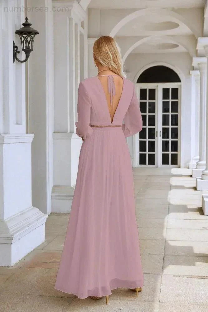 Ladies V Neck Chiffon Long Sleeve Front Slit Bridesmaid Evening Dress Wedding Party Shopping Evening Dress 28109 - Image 154