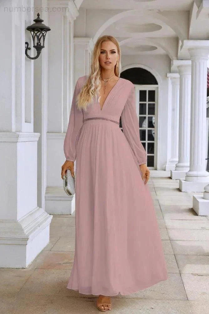 Ladies V Neck Chiffon Long Sleeve Front Slit Bridesmaid Evening Dress Wedding Party Shopping Evening Dress 28109 - Image 155
