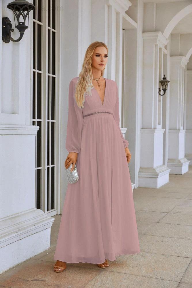Ladies V Neck Chiffon Long Sleeve Front Slit Bridesmaid Evening Dress Wedding Party Shopping Evening Dress 28109 - Image 156