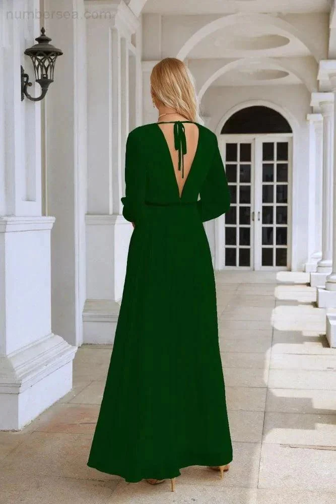 Ladies V Neck Chiffon Long Sleeve Front Slit Bridesmaid Evening Dress Wedding Party Shopping Evening Dress 28109 - Image 158
