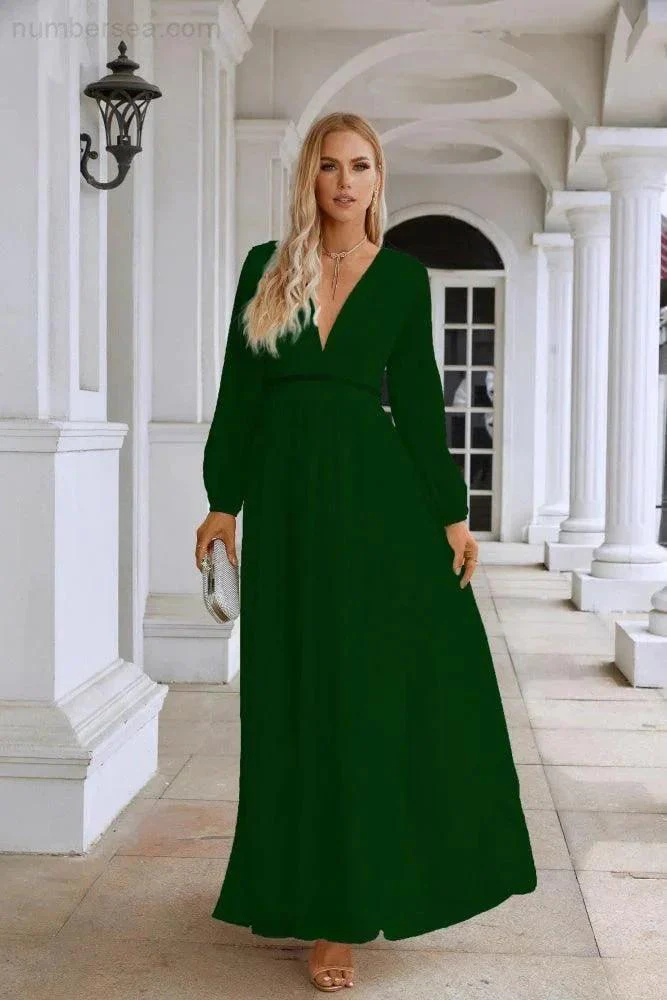 Ladies V Neck Chiffon Long Sleeve Front Slit Bridesmaid Evening Dress Wedding Party Shopping Evening Dress 28109 - Image 159