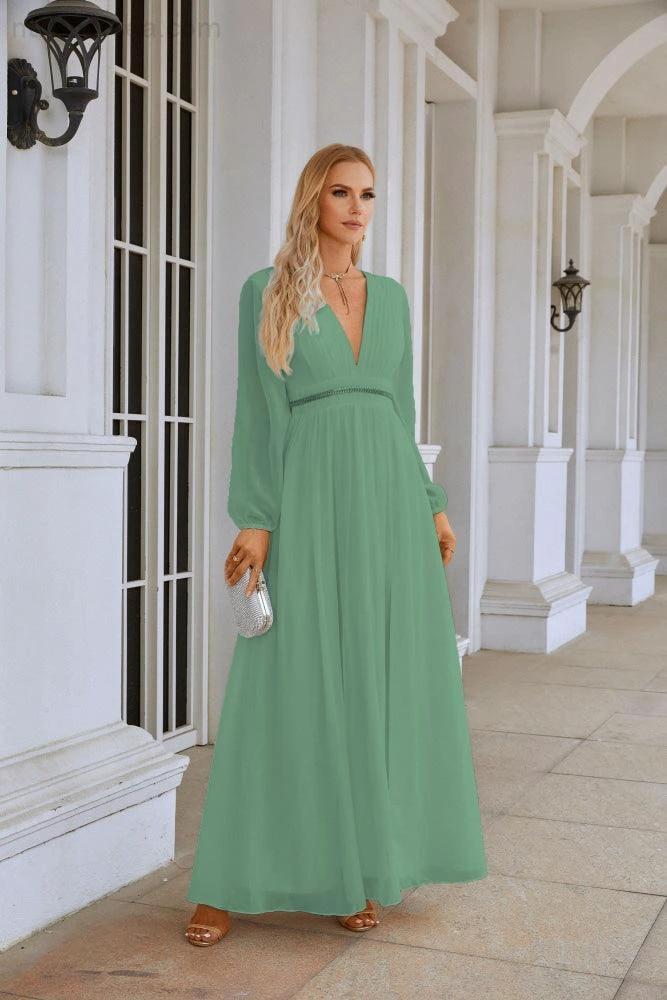 Ladies V Neck Chiffon Long Sleeve Front Slit Bridesmaid Evening Dress Wedding Party Shopping Evening Dress 28109 - Image 16