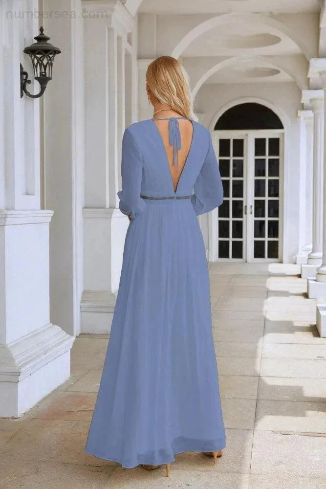 Ladies V Neck Chiffon Long Sleeve Front Slit Bridesmaid Evening Dress Wedding Party Shopping Evening Dress 28109 - Image 162