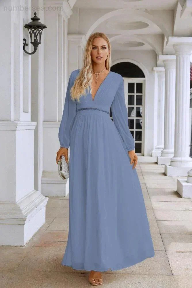 Ladies V Neck Chiffon Long Sleeve Front Slit Bridesmaid Evening Dress Wedding Party Shopping Evening Dress 28109 - Image 163