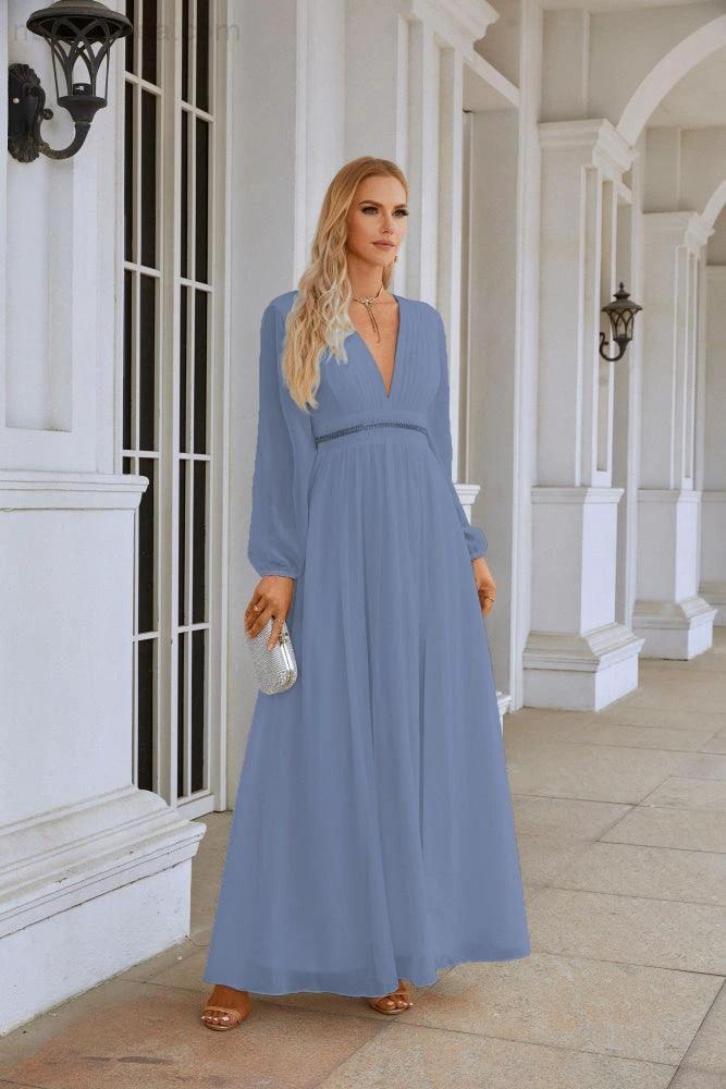 Ladies V Neck Chiffon Long Sleeve Front Slit Bridesmaid Evening Dress Wedding Party Shopping Evening Dress 28109 - Image 164