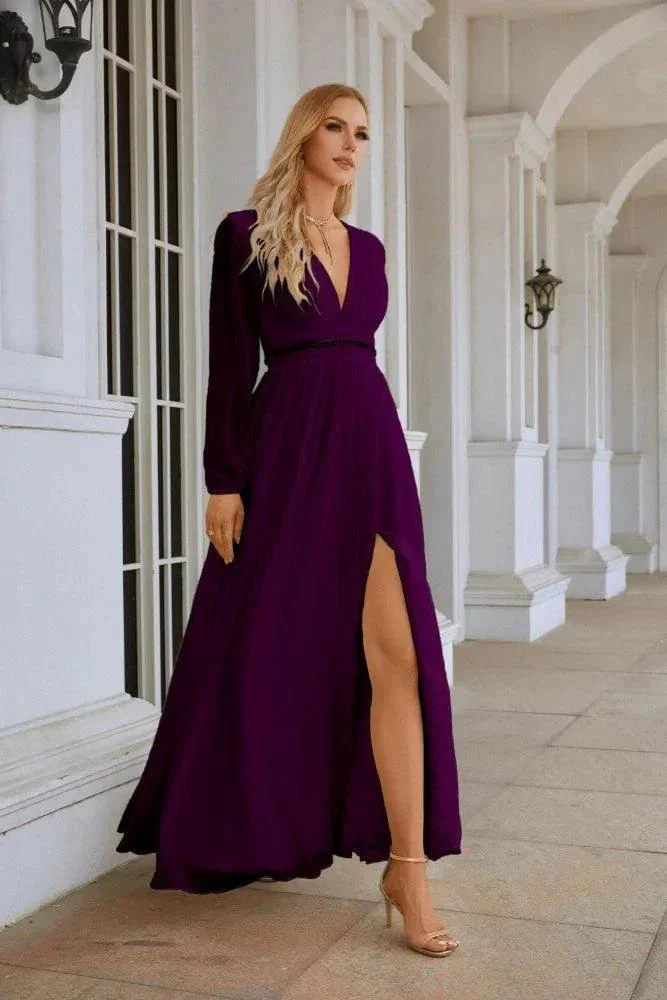 Ladies V Neck Chiffon Long Sleeve Front Slit Bridesmaid Evening Dress Wedding Party Shopping Evening Dress 28109 - Image 165