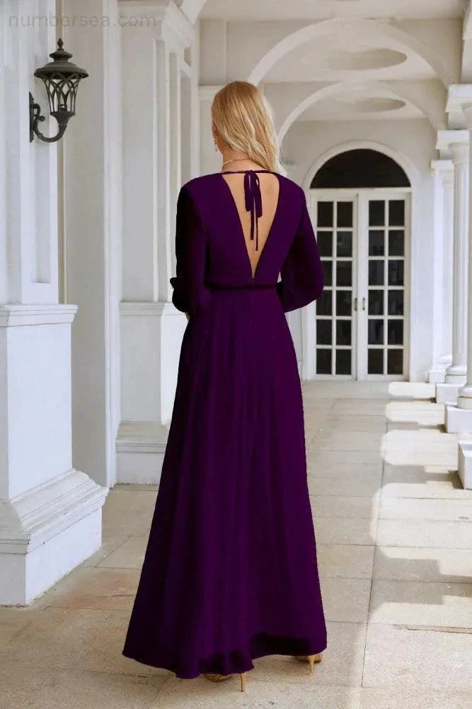 Ladies V Neck Chiffon Long Sleeve Front Slit Bridesmaid Evening Dress Wedding Party Shopping Evening Dress 28109 - Image 166