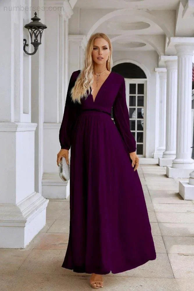 Ladies V Neck Chiffon Long Sleeve Front Slit Bridesmaid Evening Dress Wedding Party Shopping Evening Dress 28109 - Image 167