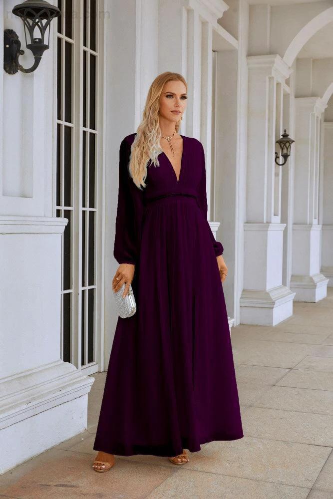 Ladies V Neck Chiffon Long Sleeve Front Slit Bridesmaid Evening Dress Wedding Party Shopping Evening Dress 28109 - Image 168