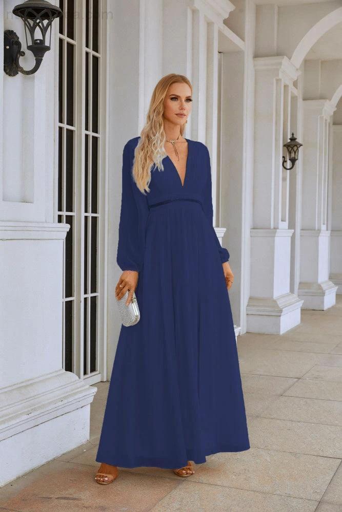 Ladies V Neck Chiffon Long Sleeve Front Slit Bridesmaid Evening Dress Wedding Party Shopping Evening Dress 28109 - Image 172