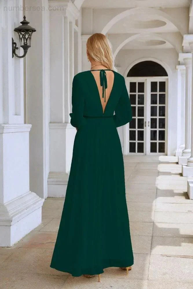 Ladies V Neck Chiffon Long Sleeve Front Slit Bridesmaid Evening Dress Wedding Party Shopping Evening Dress 28109 - Image 174