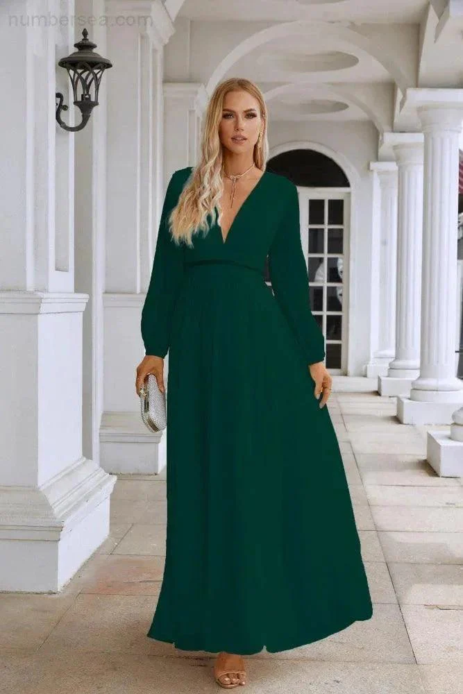 Ladies V Neck Chiffon Long Sleeve Front Slit Bridesmaid Evening Dress Wedding Party Shopping Evening Dress 28109 - Image 175