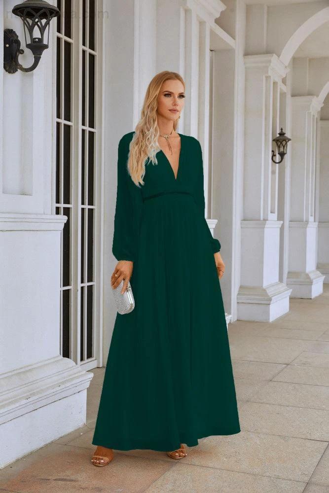Ladies V Neck Chiffon Long Sleeve Front Slit Bridesmaid Evening Dress Wedding Party Shopping Evening Dress 28109 - Image 176