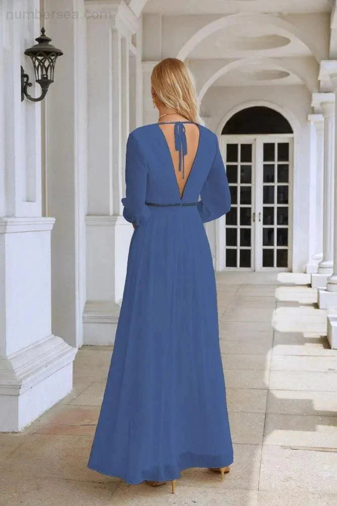 Ladies V Neck Chiffon Long Sleeve Front Slit Bridesmaid Evening Dress Wedding Party Shopping Evening Dress 28109 - Image 178