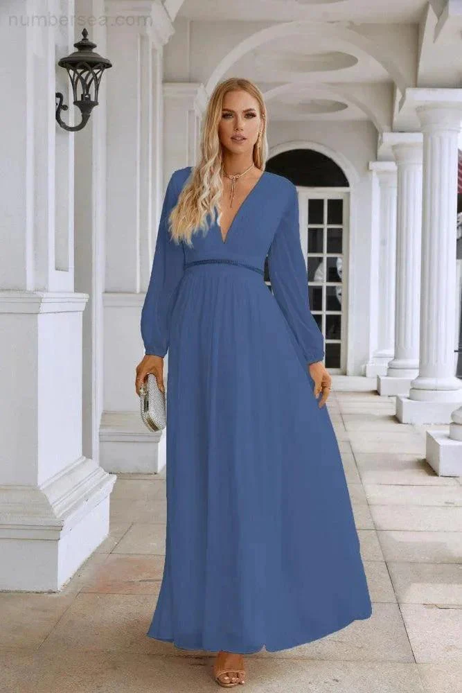 Ladies V Neck Chiffon Long Sleeve Front Slit Bridesmaid Evening Dress Wedding Party Shopping Evening Dress 28109 - Image 179