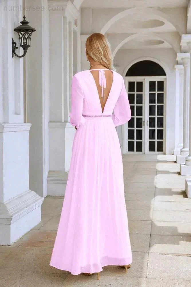 Ladies V Neck Chiffon Long Sleeve Front Slit Bridesmaid Evening Dress Wedding Party Shopping Evening Dress 28109 - Image 18