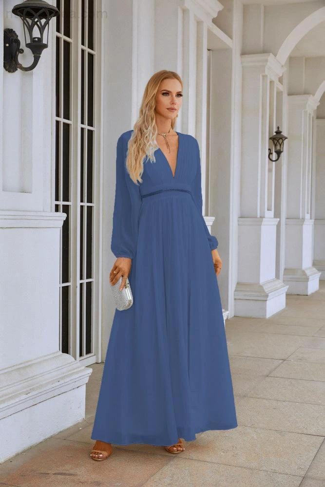 Ladies V Neck Chiffon Long Sleeve Front Slit Bridesmaid Evening Dress Wedding Party Shopping Evening Dress 28109 - Image 180