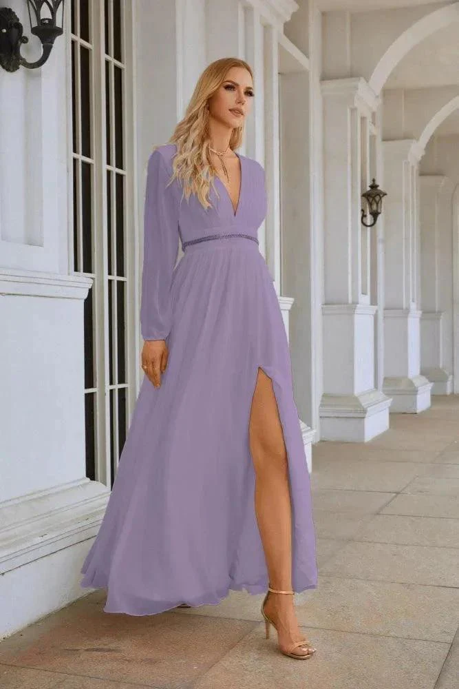 Ladies V Neck Chiffon Long Sleeve Front Slit Bridesmaid Evening Dress Wedding Party Shopping Evening Dress 28109 - Image 181
