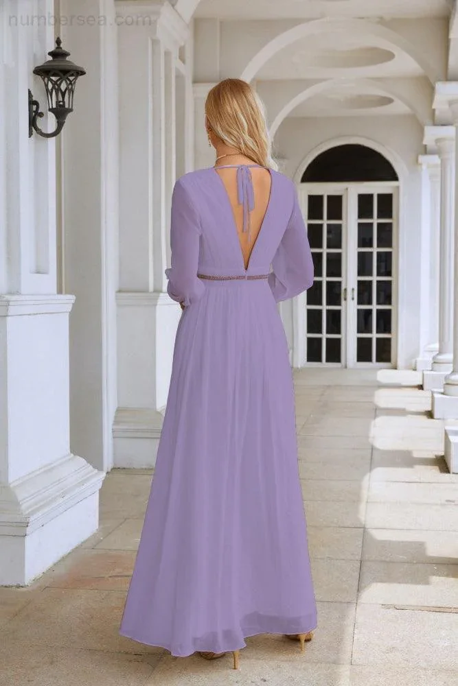 Ladies V Neck Chiffon Long Sleeve Front Slit Bridesmaid Evening Dress Wedding Party Shopping Evening Dress 28109 - Image 182