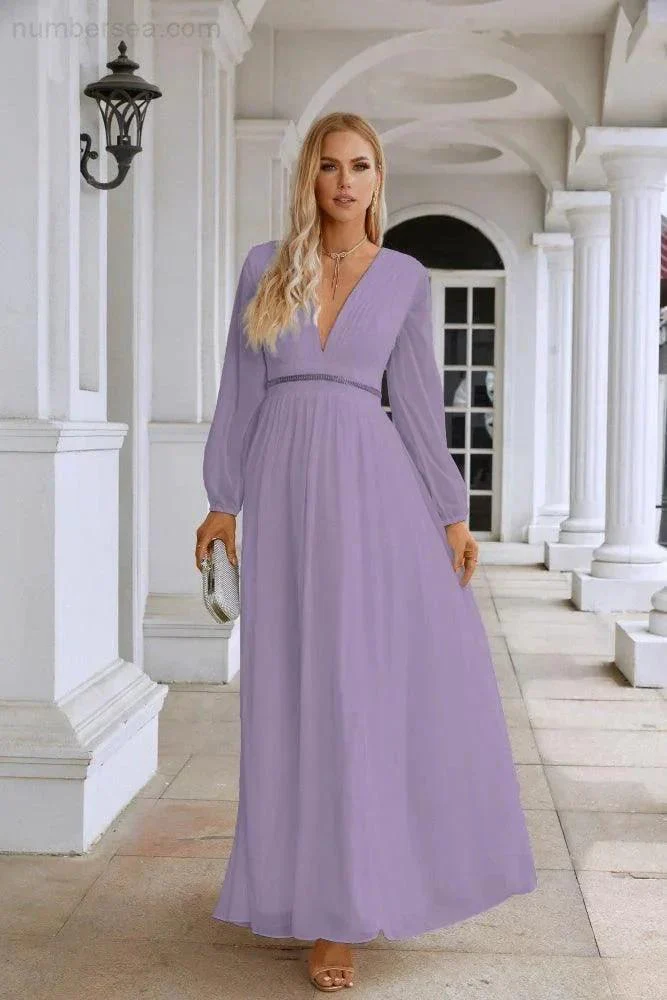 Ladies V Neck Chiffon Long Sleeve Front Slit Bridesmaid Evening Dress Wedding Party Shopping Evening Dress 28109 - Image 183