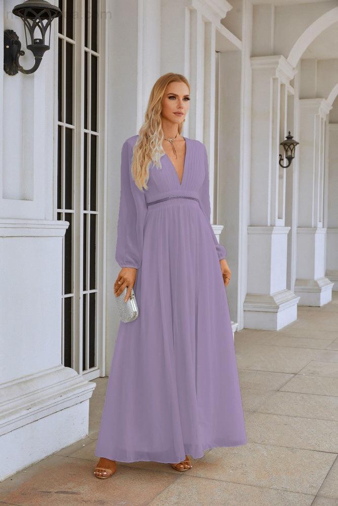 Ladies V Neck Chiffon Long Sleeve Front Slit Bridesmaid Evening Dress Wedding Party Shopping Evening Dress 28109 - Image 184